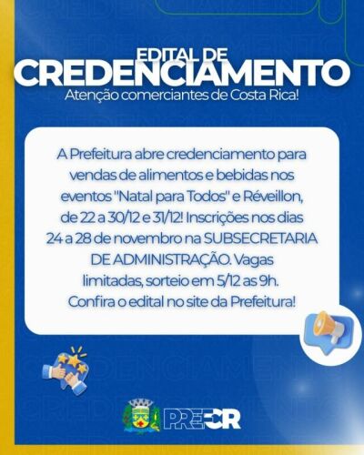 Imagem da notícia Prefeitura de Costa Rica abre inscrições para 10 boxes na praça de alimentação dos eventos de Natal e Réveillon